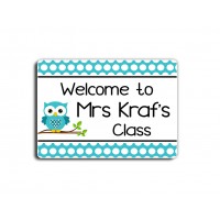 Name sign for teacher classroom decoration white polka dots with a teal owl   142740548247